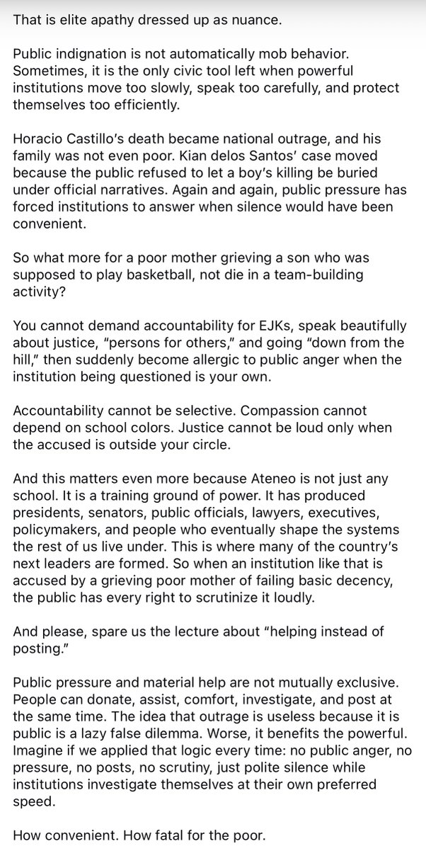 winterbbeens's tweet photo. “If that already feels excessive to you, maybe the problem is not the outrage. Maybe the problem is the instinct to protect the comfort of the institution before the grief of the mother.”

defending Ateneo to the point of shielding from accountability

https://t.co/dHceTP3bol https://t.co/YDE523maS3