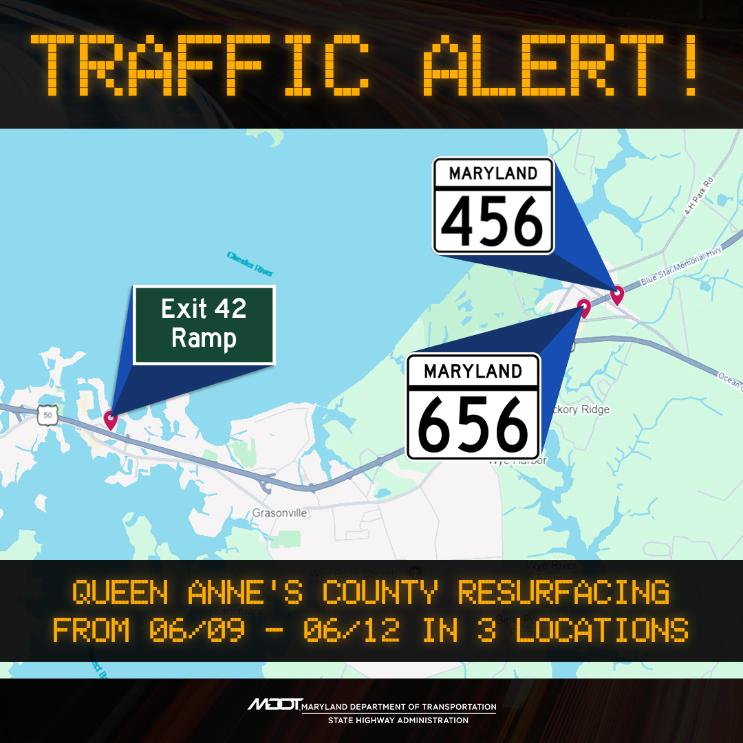 MDSHA's tweet photo. MDOT SHA will resurface sections of three roads in Queen Anne’s County this week starting today, Jun 9. Work includes milling, paving and striping.

More info: https://t.co/MU1o83WLgr https://t.co/CvQhcCmShe