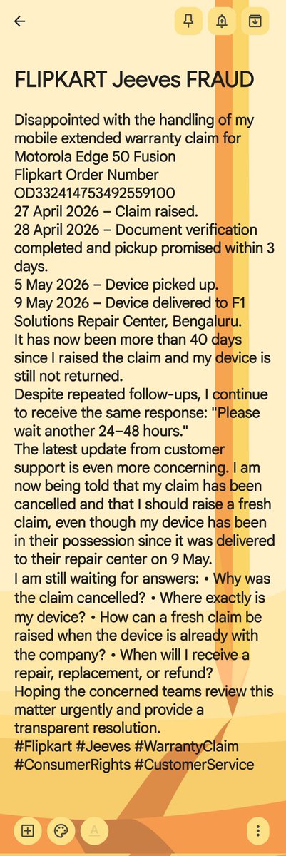 gufran_one's tweet photo. @flipkartsupport @SauravK27408875 Disappointed with the handling of my mobile extended warranty claim for Motorola Edge 50 Fusion 

Flipkart Order Number OD332414753492559100

27 April 2026 – Claim raised.
45 Day's Device is still with Jeeves https://t.co/eNjLd2LWZA