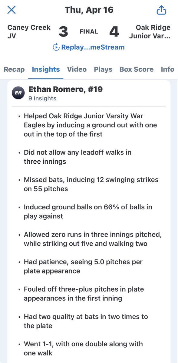 erom_19's tweet photo. Game against Caney Creek Highschool went 1-1 with a double to the gap and one walk 

Also pitched this game 3 innings striking out 5, and walking two, allowing 0 runs, ending my sophomore season with a win. https://t.co/axqbNuJBcb