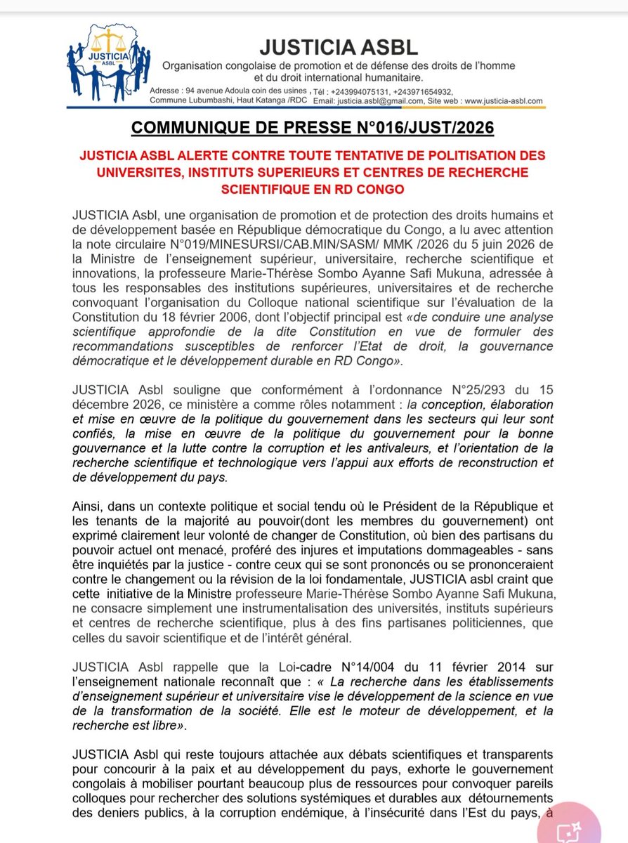 MichaelTshi's tweet photo. JUSTICIA ASBL ALERTE CONTRE TOUTE TENTATIVEDE POLITISATION DES UNIVERSITES, INSTITUTS SUPERIEURS ET CENTRES DE RECHERCHE SCIENTIFIQUE EN RD CONGO https://t.co/avaGm9BQky
