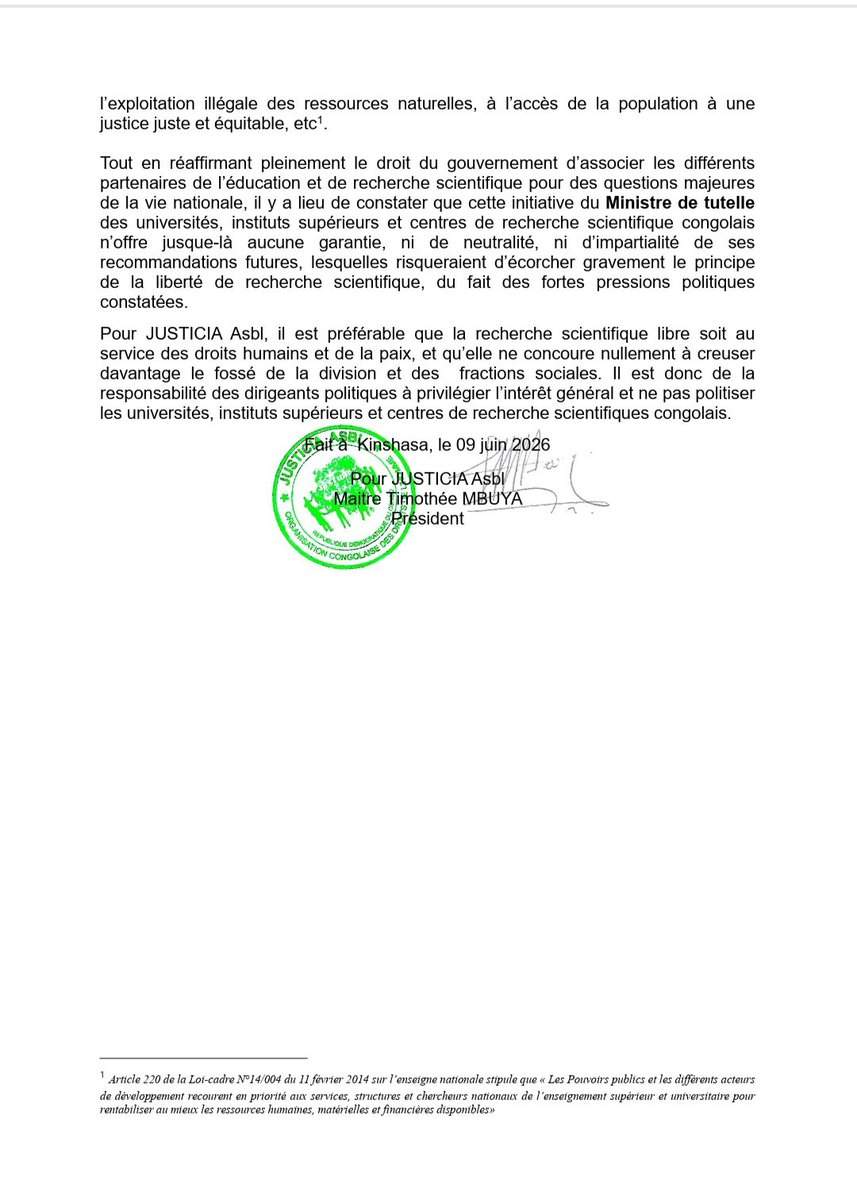 MichaelTshi's tweet photo. JUSTICIA ASBL ALERTE CONTRE TOUTE TENTATIVEDE POLITISATION DES UNIVERSITES, INSTITUTS SUPERIEURS ET CENTRES DE RECHERCHE SCIENTIFIQUE EN RD CONGO https://t.co/avaGm9BQky