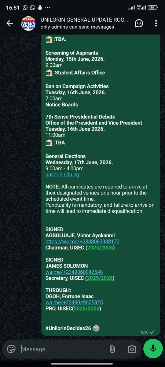 Striplehay_'s tweet photo. JUST IN 🔥 

UNILORIN INDEPENDENT STUDENTS' ELECTORAL COMMISSION (UISEC)
2025/2026 ACADEMIC SESSION RELEASES ELECTION TIMELINE
Find attached the order of the election. 

#UnilorinDecides26 🗳️ https://t.co/24Z0fzQdBQ