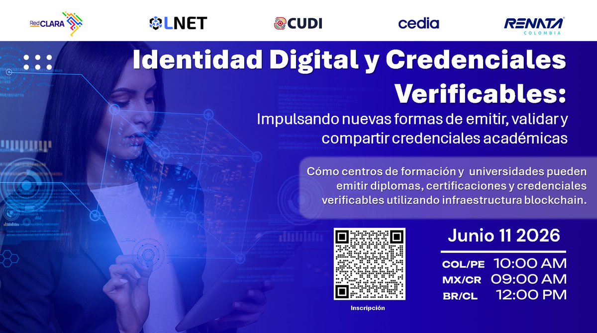 RedCLARA's tweet photo. 🚀 ¡No te quedes fuera!
Este 11 de junio conversamos sobre identidad digital y credenciales verificables con expertos del ecosistema académico.
💡 Innovación, blockchain y educación en un solo espacio.
🔗 https://t.co/Wzhi3OVVi3
@lnetglobal @CEDIAec @RedCUDI @RENATAColombia https://t.co/WjKvIkfLKA