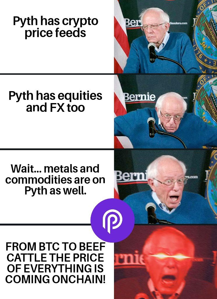 Wagmi100xx's tweet photo. PythNetwork has crypto price feeds 

@PythNetwork has equities and FX too 
Wait… metals, commodities and even US GDP rate are on Pyth as well 😮
FROM APPLE STOCK TO BEEF CATTLE  THE PRICE OF EVERYTHING IS COMING ONCHAIN 
138+ institutional publishers, 3,059 feeds, 114 chains.
This isn't an oracle, It's a hostile takeover of TradFi data. 
https://t.co/rE1kNwDvdt