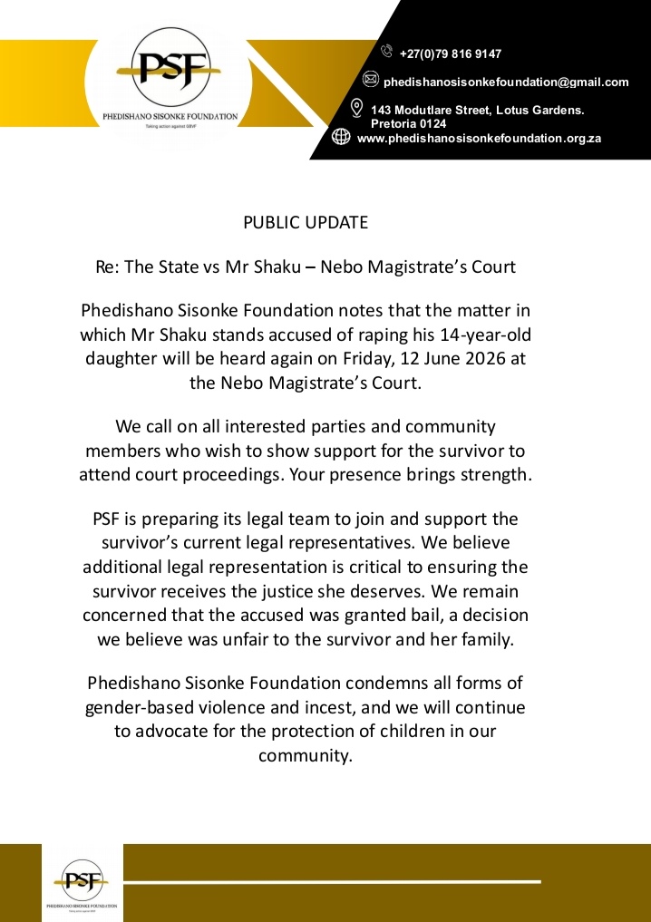 PhedishanoF's tweet photo. Nebo Magistrate Court: Mr Shaku Case - Friday 12  June 2026| Support the Survivorpolok https://t.co/4kNQwEqy5p
