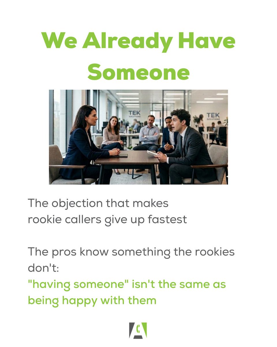 AutomaticAppts's tweet photo. PART 1
“We already have someone” isn’t a no.
It’s a test.
Top reps don’t argue — they ask:
“Are you 100% happy with the results?”
Most prospects aren’t.
That’s where the meeting happens.
#ColdCalling #B2BSales #SalesObjections #AppointmentSetting https://t.co/x2Tu428D7U