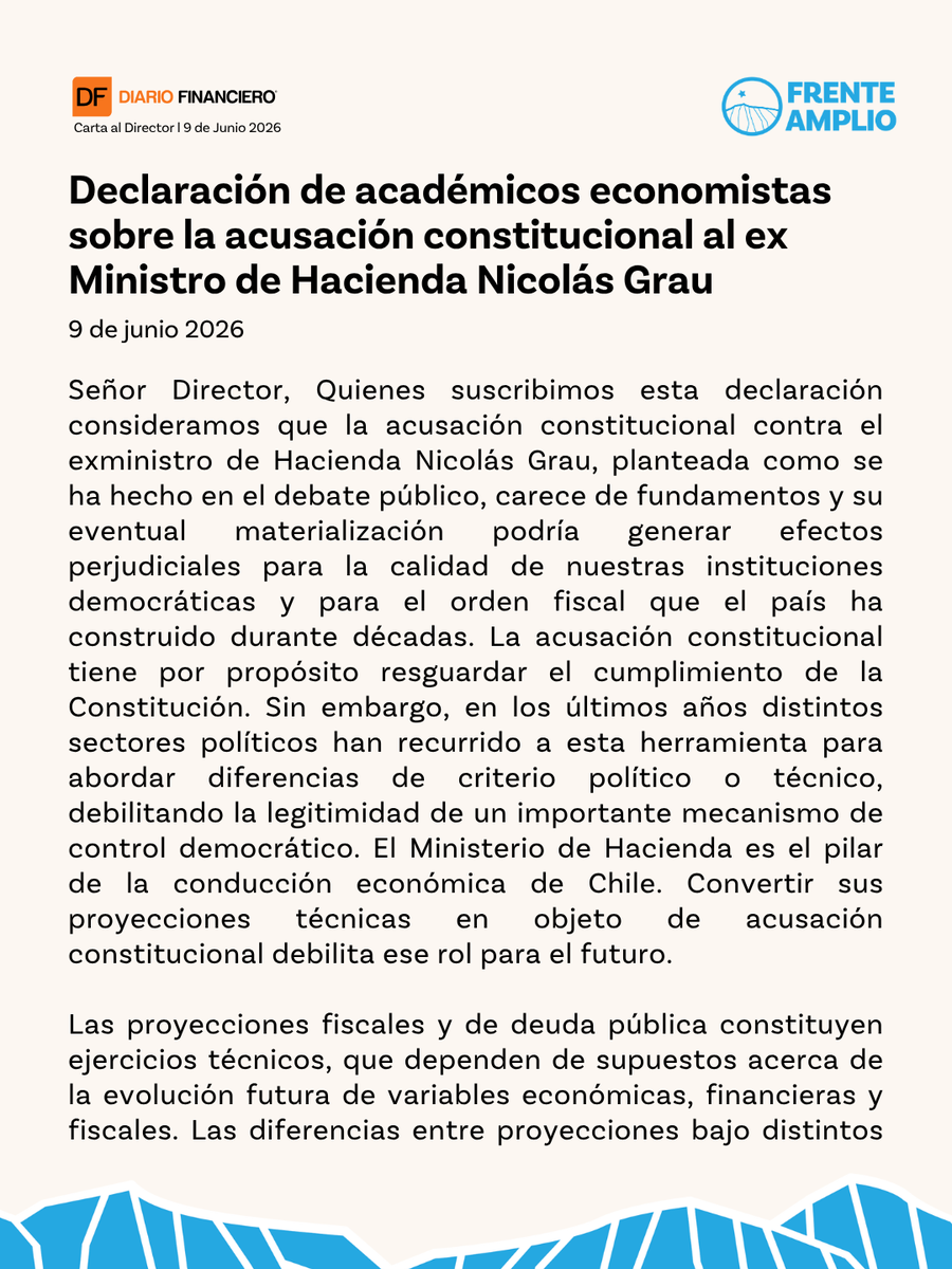elfrente_amplio's tweet photo. Compartimos la declaración de más de 50 economistas en respaldo a nuestro compañero y exministro de Hacienda, Nicolás Grau, frente a la Acusación Constitucional presentada en su contra. https://t.co/vlfCyETanG