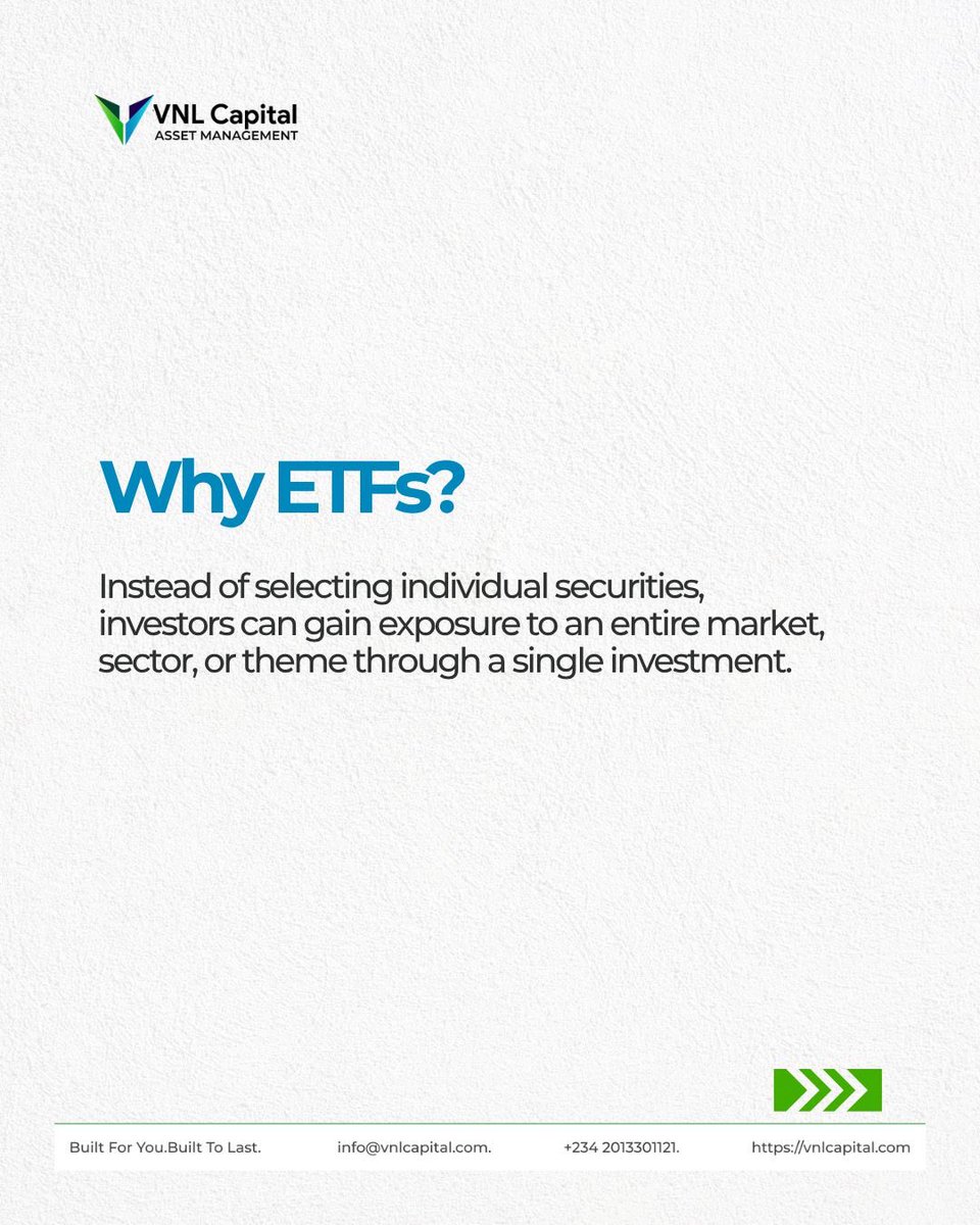 vnlcapital's tweet photo. ETFs are what happens when simplicity meets strategy.
No need to chase dozens of individual stocks to get market exposure, one basket can quietly do a lot of the heavy lifting.

That’s why they’ve become a go-to tool for investors who prefer structure over stress.

#VNLCapital #ETFs #InvestingBasics #WealthBuilding #PortfolioManagement