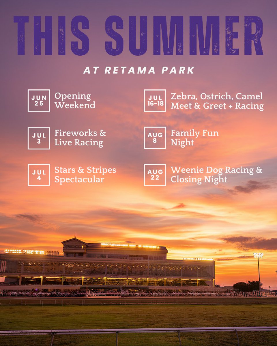 RetamaPark's tweet photo. Get ready for a summer packed with live racing, entertainment, and family fun at Retama Park. ☀️🏇 https://t.co/8EEQNRaofB