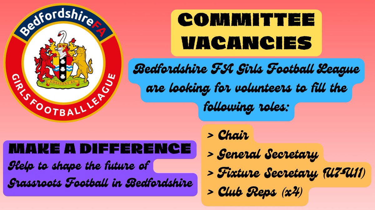BedsFAGirlsFL's tweet photo. Can you make a difference? If you want to help shape the future of Grassroots Girls Football in Bedfordshire join the League Committee. For more details visit: https://t.co/TQDF4mvjs7 https://t.co/2GQQ9o9ec9