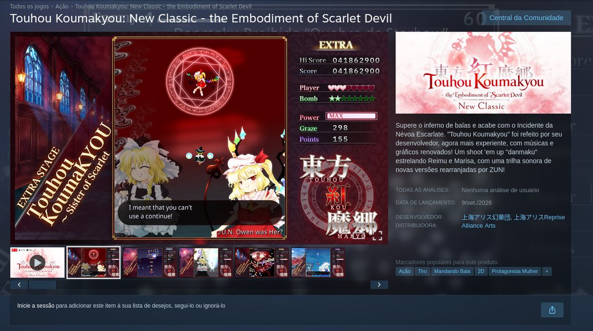 _Azeit's tweet photo. o fato de que o remake de touhou 6 (jogo de bullet hell de 24 anos de idade) vai ter tradução oficial em 11 linguas incluindo PT-BR e DELTARUNE não é genuinamente algo que não estava no meu bingo pra 2026 https://t.co/o0Mx1FxwoA