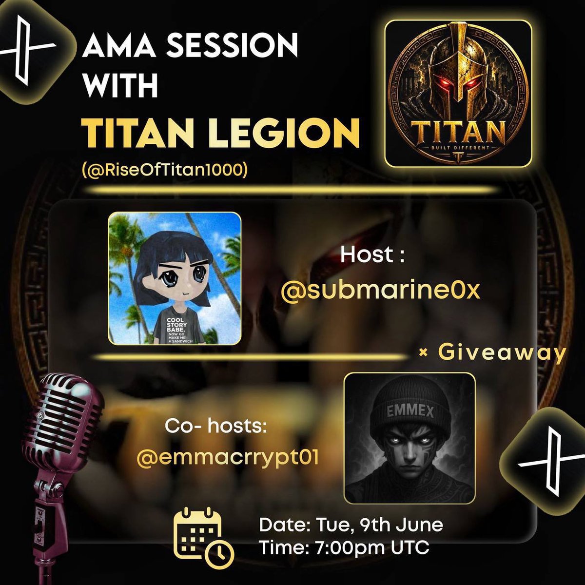 RiseOfTitan1000's tweet photo. ⚔️ Reminder, Warriors! ⚔️

Don’t forget to tune in to the Titan Legion AMA Session today!

🎙️ Hear directly from the team
🔥 Learn more about the Titan Legion vision
🎁 Giveaway opportunities
⚔️ Connect with fellow Warriors

📅 Date: June 9
⏰ Time: 7:00 PM UTC

Bring your questions, bring your energy, and join us as we continue building something special together.

The best is yet to come! 🔥⚔️

#TitanLegion #TitanWarriors #AMA #CryptoCommunity #Solana #BuildTogether #CommunityFirst #TheBestIsYetToCome