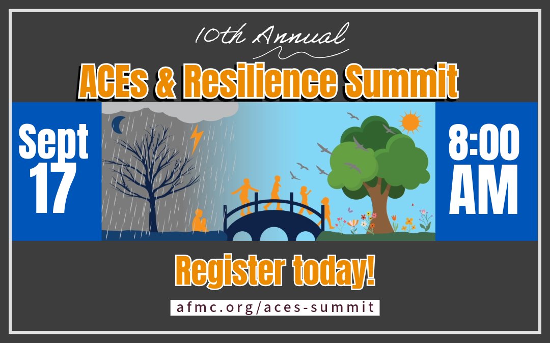 afmc's tweet photo. Have you registered for the ACEs &amp; Resilience Summit yet?

Save your spot to enjoy a great lineup of speakers, valuable insights on child well-being, and even an exclusive movie premiere.

Mark your calendar and register today for our 10th annual summit: https://t.co/4s8fNTnJ1p https://t.co/0RNdKkIDQM