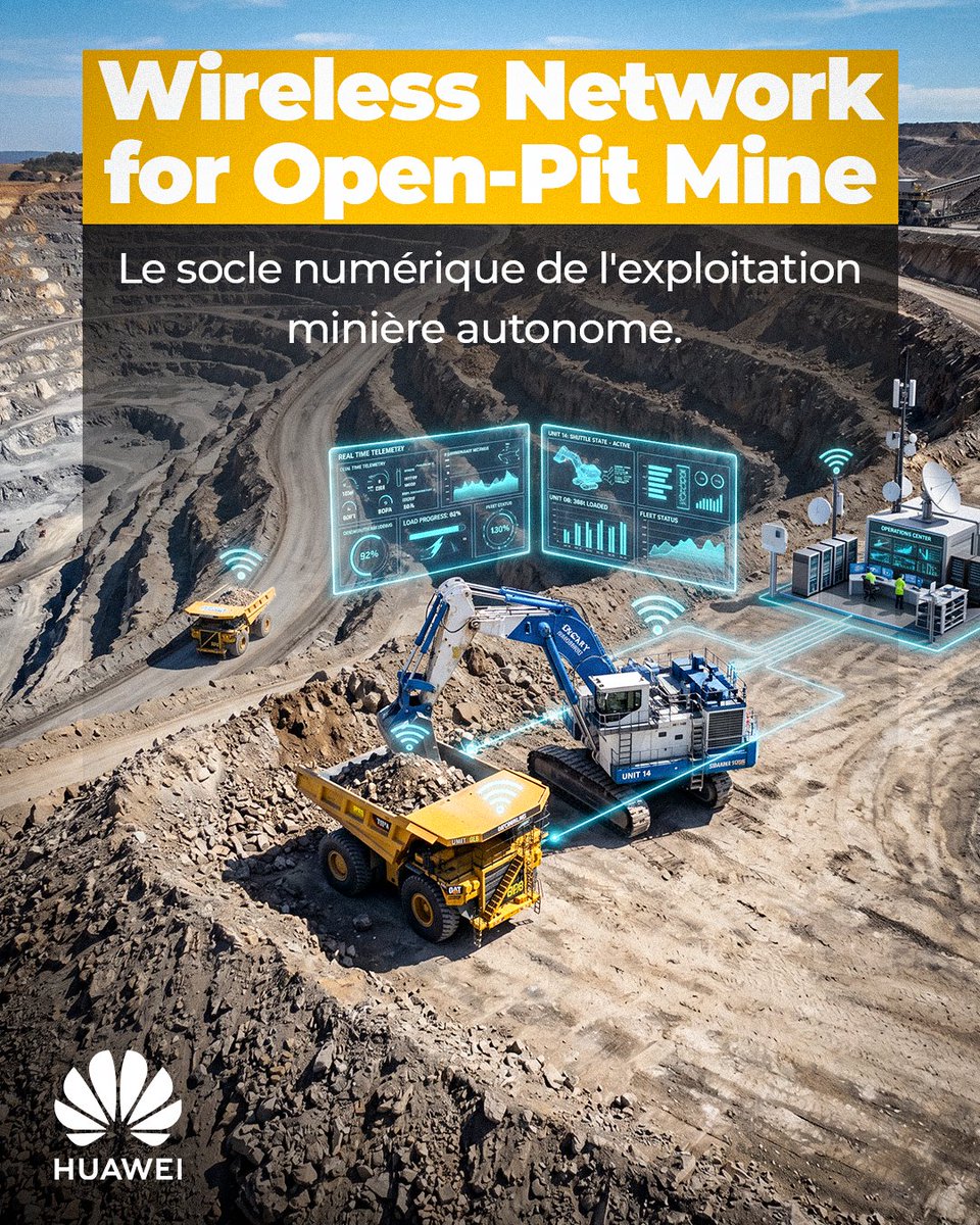 HuaweiMaroc's tweet photo. L'extraction dans les mines à ciel ouvert représente un défi majeur face aux environnements extrêmes et aux risques inhérents pour le personnel. La solution Wireless Network for Open-Pit Mine de Huawei déploie une infrastructure de communication sans fil ultra-fiable et à très haut débit pour soutenir la digitalisation complète des sites d'extraction. 🌐✨

Pilotage à distance des excavatrices et gestion centralisée des camions de roulage autonomes. 🛠️ Élimination des risques liés à la présence humaine dans les zones dangereuses, transmission vidéo haute définition en temps réel et maintien d'une productivité ininterrompue au cœur de vos exploitations. 📈

Pour en savoir plus : 👉 https://t.co/jaA4LYz8It

#HuaweiMaroc #SmartMining #MiningIndustry #DigitalTransformation #Innovation