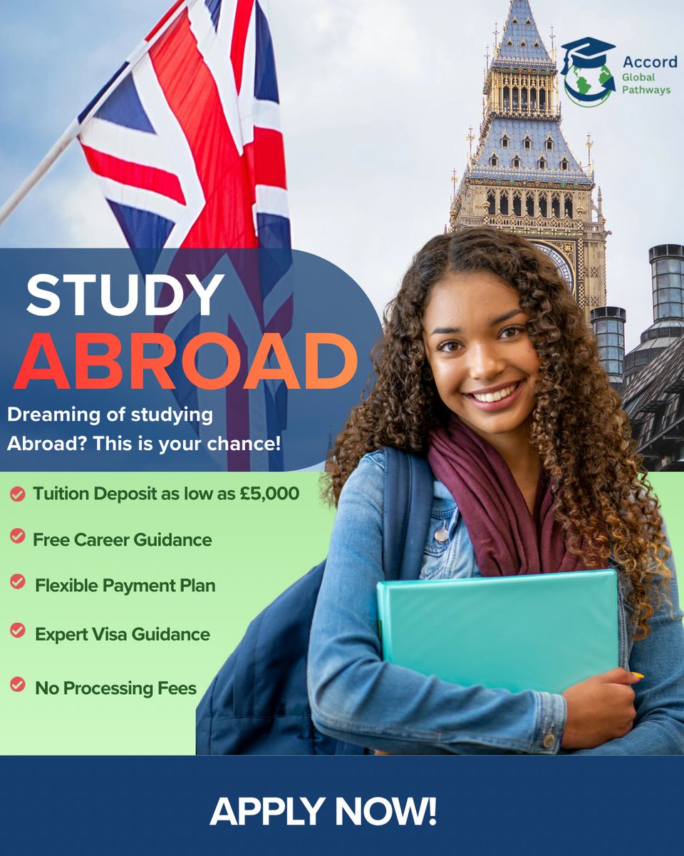 Accordpathways's tweet photo. If studying abroad is part of your dream, let’s help you turn your dream into reality
-Tuition deposit as low as £5,000 
- Flexible Payment Plan
- Expert Visa Guidance 
- Free Career Guidance 
 Let’s make it happen, Send us a DM Now!
#accordglobalpathways #studyabroad #studyinuk https://t.co/OwfTA9acPl
