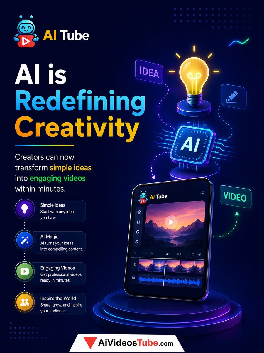 AITube_App's tweet photo. Got an idea? That's all you need.  AI Tube transforms your simplest thoughts into professional, engaging videos in minutes. No experience needed,  just your imagination and the power of AI. Create, inspire, and grow your audience like never before. 

#AICreativity #VideoCreator https://t.co/WGXXhUSSYa