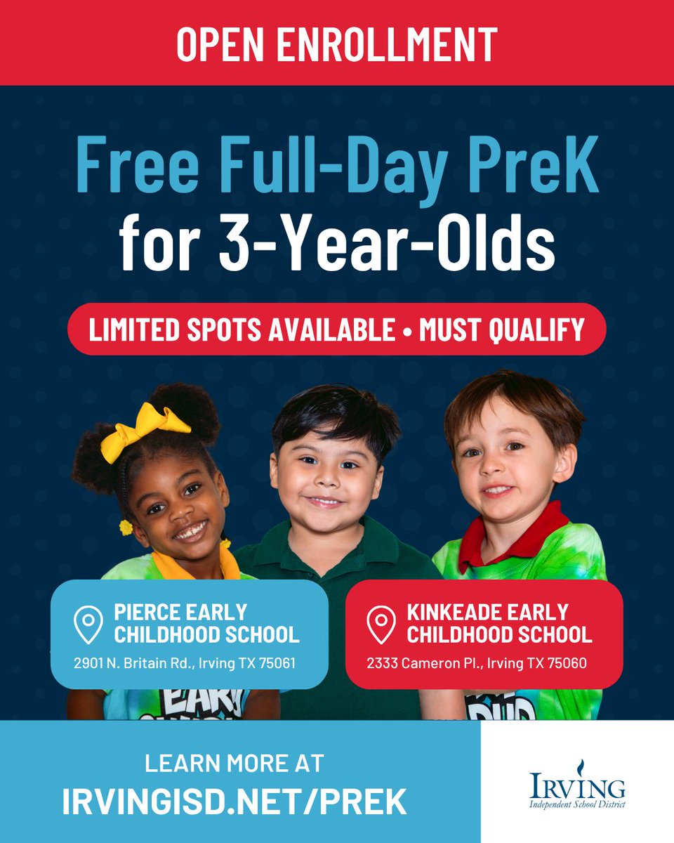 IrvingISD's tweet photo. 📚✨ Irving ISD is expanding opportunities for our youngest learners with open enrollment for PreK! In addition, for the 2026-2027 school year, Irving ISD is offering additional free, full-day PreK for qualifying 3-year-olds through Head Start at:

📍 Pierce Early Childhood School
📍 Kinkeade Early Childhood School

Families interested in this program should review eligibility requirements and complete the interest form at https://t.co/u72LjdBRQ7. Students must meet both state and Head Start eligibility requirements.

⏰ Limited spots are available, so apply today!