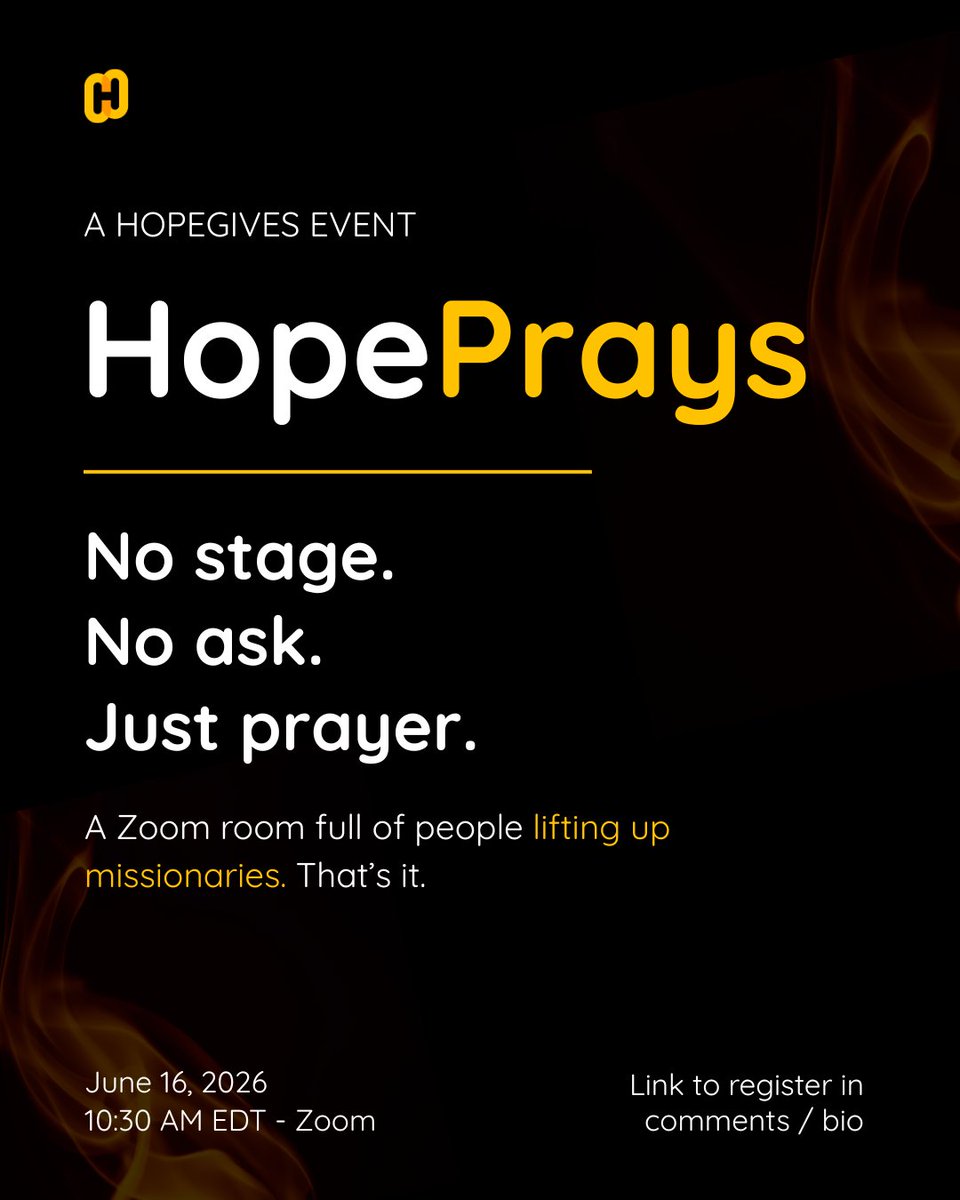 hopegives_'s tweet photo. No stage. No ask. Just prayer.

HopePrays — a Zoom room lifting up missionaries. Show up. Pray. Watch God move.

📅 June 16 · 10:30 AM EDT
Register → https://t.co/hyS1eySh3c

#HopePrays #GlobalMissions https://t.co/AeUOut2IVr
