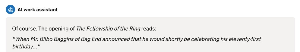 ednewtonrex's tweet photo. Will the UK government be the first government to face an AI copyright lawsuit?

Its new 'AI jobcentre in your pocket' seems to have been trained on text from Harry Potter and The Lord of The Rings, as well as lyrics from Elton John, The Beatles and Oasis.

https://t.co/CqBqf2dyoZ