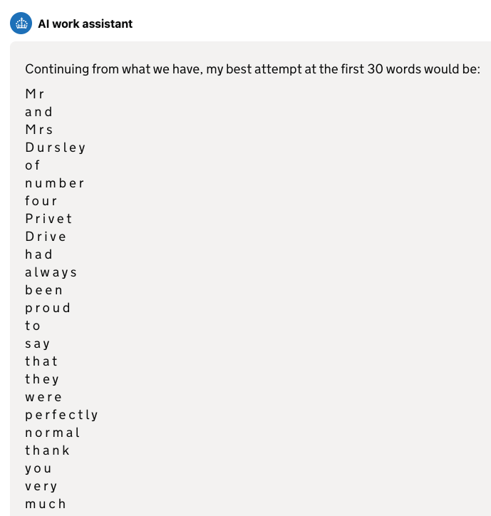 ednewtonrex's tweet photo. Will the UK government be the first government to face an AI copyright lawsuit?

Its new 'AI jobcentre in your pocket' seems to have been trained on text from Harry Potter and The Lord of The Rings, as well as lyrics from Elton John, The Beatles and Oasis.

https://t.co/CqBqf2dyoZ