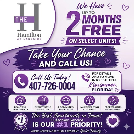 The_Hamilton_FL's tweet photo. 🏡✨ Up to 2 Months FREE on a select apartments at The Hamilton at Lakeside! Don’t miss this limited-time special—call 407-726 0004 for details and make your move today! 📞💙 #moveinspecials #bestinkissimmee #moveintoday @The_Hamilton_FL https://t.co/gn2wH5G8RB