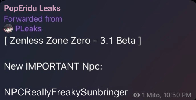 PopEridu's tweet photo. 4th Sunbringer added to the Zenless Zone Zero 3.1 Beta, currently an NPC.

"NPCReallyFreakySunbringer"

Via PopEridu https://t.co/Eed91iwYB2