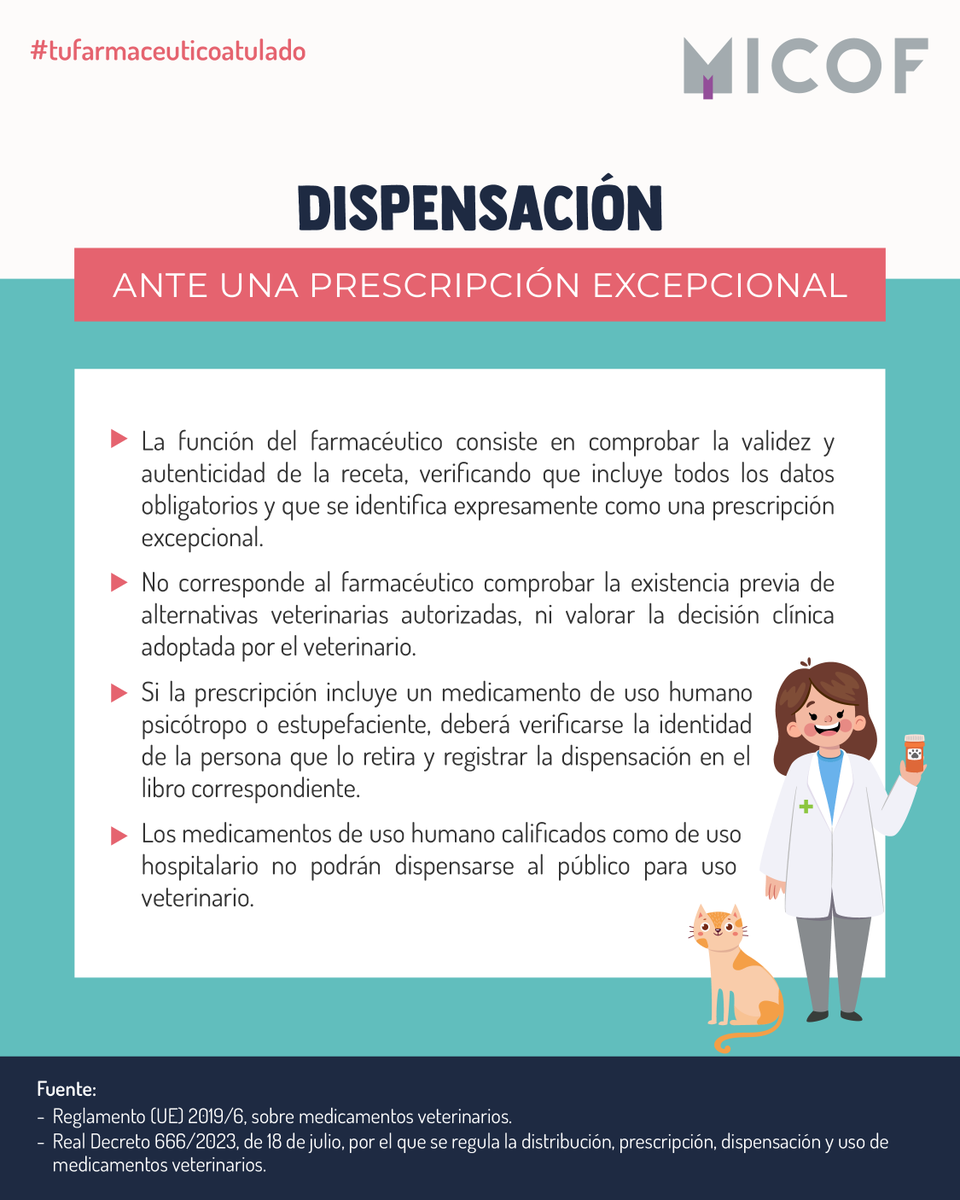 micofvlc's tweet photo. 🐈 ¡Buenos días! 🐕

🔛 Este viernes continuamos nuestra serie sobre medicamentos veterinarios. 💊

👉 Hoy hablamos de la dispensación ante una prescripción excepcional.

🤔 Ante cualquier duda, recuerda que tienes a #tufarmaceuticoatulado. 🥼💚 https://t.co/cA2A6p02PO