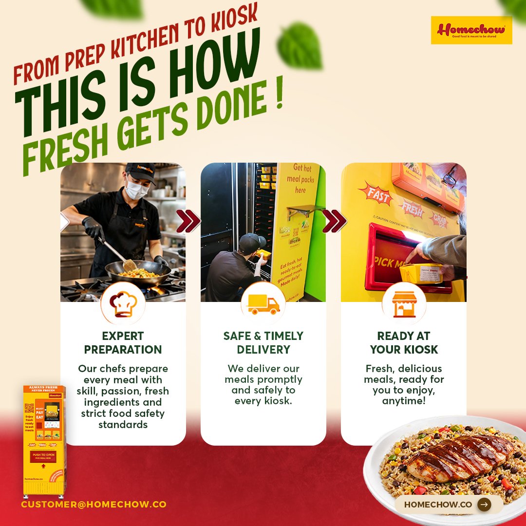 HomechowCo's tweet photo. Ever wonder what goes into keeping a Homechow kiosk stocked with fresh meals every day?

✅ Meals are prepared fresh in our partner kitchens
✅ Packed and sealed for quality and safety
✅ Delivered to Homechow kiosks
✅ Ready when you need them, served steamy hot or cold at your preference

No shortcuts.
No frozen meals.
Just fresh, chef-prepared food stocked daily and ready in minutes.

That's how fresh gets done.

#Homechow #FreshFoodFast #SmartKiosk #FreshDaily #FoodTech