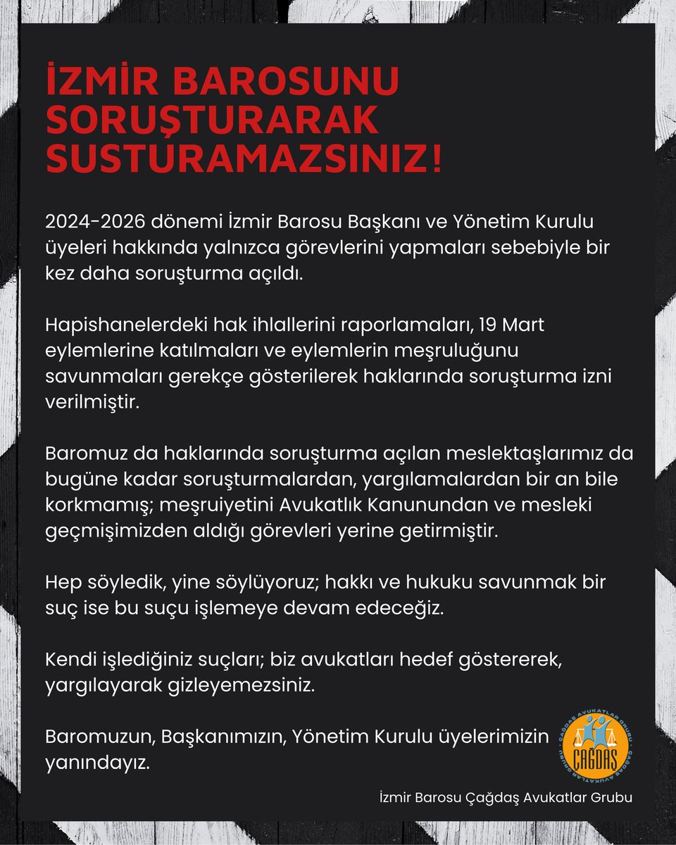 izmircagdasav's tweet photo. İZMİR BAROSUNU SORUŞTURARAK SUSTURAMAZSINIZ!

#izmirbarosuyargılanamaz 
#savunmasusmadısusmayacak https://t.co/XeyzQr4B8d