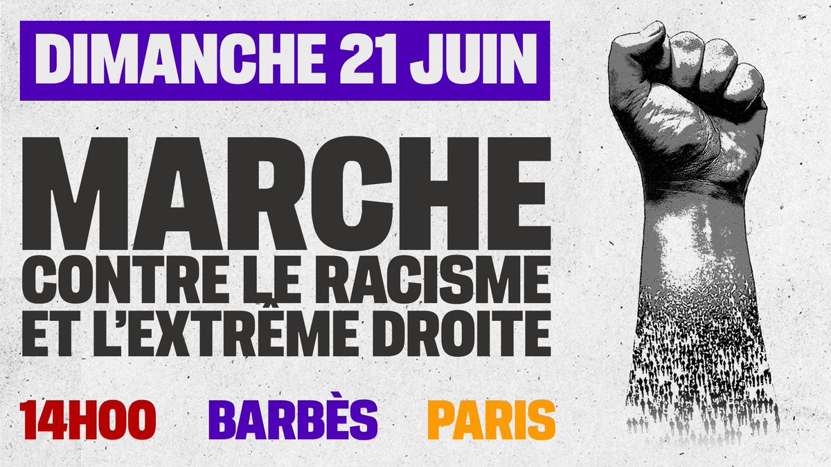 mbompard's tweet photo. Soyons nombreuses et nombreux à marcher contre le racisme et l’extrême droite ✊

Rendez-vous le 21 juin à Barbès, à Paris, à partir de 14h. https://t.co/SRDpdMBwm0