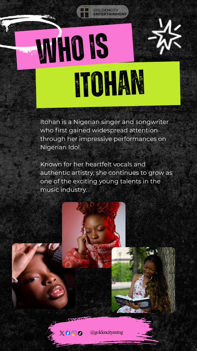 GoldenCityEntNG's tweet photo. Today we celebrate Itohan, a rising voice in the Nigerian music scene known for her soulful sound, powerful vocals, and authentic artistry.

A talent to watch as she continues to grow and inspire through music. 🎤✨

Follow @GoldenCityEntNG for more artist features. https://t.co/bBQAXmKRUa