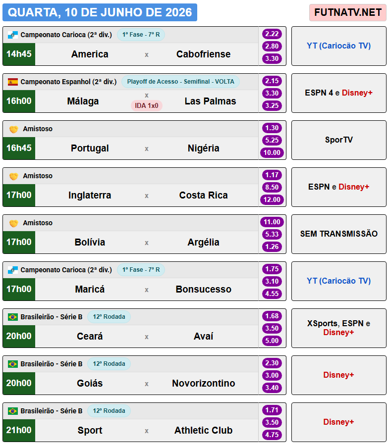 futnatv's tweet photo. A programação do futebol nesta quarta (10/6/2026) https://t.co/52Kg4Fu7Vv