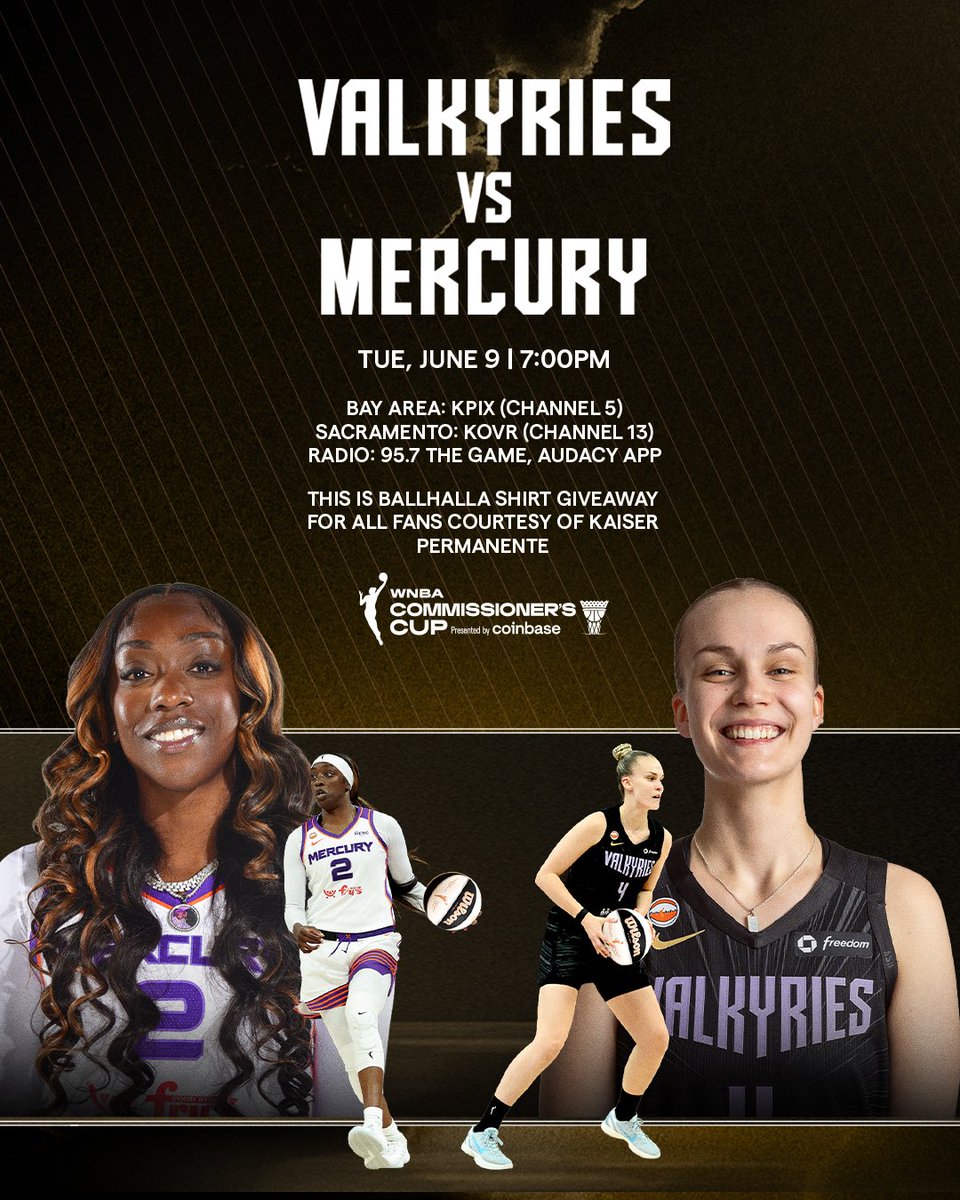 valkyries's tweet photo. Playing for Ballhalla. Playing for @YouthUpRising. VALKS FAM, IT’S GAMEDAY 🗣️

⏰ | 7:00 PM
⚔️ | @PhoenixMercury 
📍 | @ChaseCenter 
📺 | KPIX (Channel 5), KOVR (Channel 13)
📻 | 95.7, @Audacy 

All fans in attendance will receive a This is Ballhalla shirt courtesy of @aboutKP. https://t.co/UXdmobV8Hu
