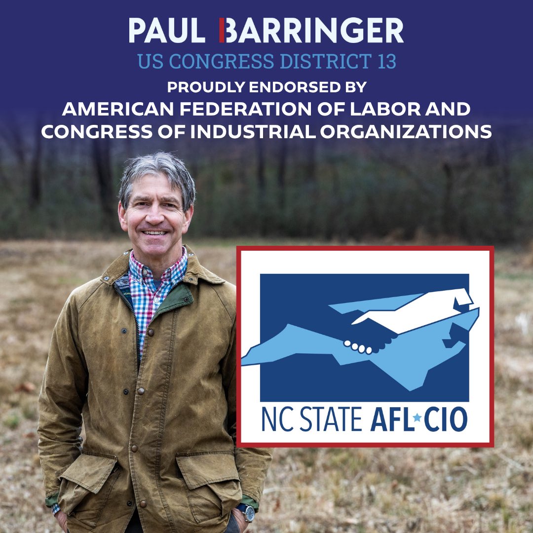 PaulBarringerNC's tweet photo. I am proud to announce that our campaign has been endorsed by the @NCStateAFLCIO! When elected I’m looking forward to helping support pro-worker legislation. I’m so incredibly grateful for your support of this campaign! 

#paulbarringerfornc13 #paulbarringerfornc #ncpol https://t.co/9LKmTuRR2S