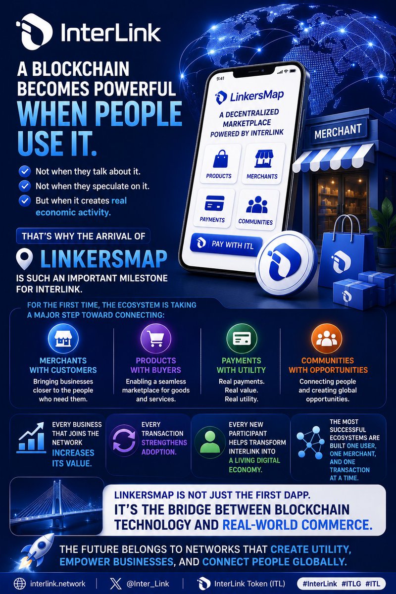 Smartabdulboss's tweet photo. 🌍 A blockchain becomes powerful when people use it.

Not when they talk about it.
Not when they speculate on it.
But when it creates real economic activity.

That's why the arrival of LinkersMap is such an important milestone for InterLink.

For the first time, the ecosystem is taking a major step toward connecting:

🏪 Merchants with customers
🛍️ Products with buyers
💳 Payments with utility
🌐 Communities with opportunities

Every business that joins the network increases its value.

Every transaction strengthens adoption.

Every new participant helps transform InterLink from a growing blockchain project into a living digital economy.

The most successful ecosystems are built one user, one merchant, and one transaction at a time.

LinkersMap is not just the first dApp.

It's the bridge between blockchain technology and real-world commerce.

🚀 The future belongs to networks that create utility, empower businesses, and connect people globally.

#InterLink #ITLG #ITL