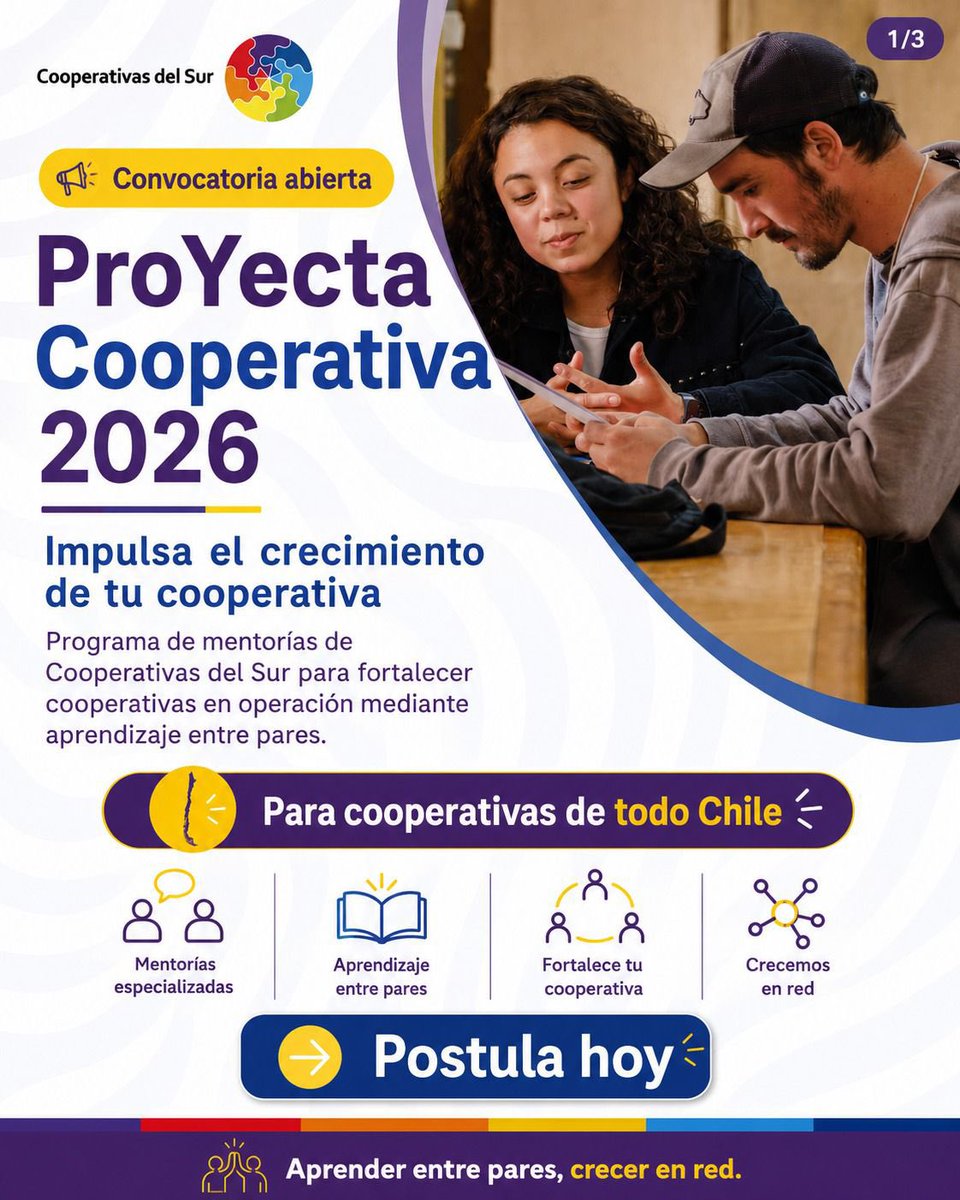 CooperativasSur's tweet photo. 🚀 ¡Convocatoria abierta para #ProYectaCooperativa2026!

🤝 programa de mentorías impulsado por @cooperativasdelsur para fortalecer la gestión y el crecimiento de cooperativas de todo Chile.

💻 Modalidad online | 📍 Cobertura nacional

✅ Postula aquí: https://t.co/gGyOgcFIMC https://t.co/lD3LeJvJor
