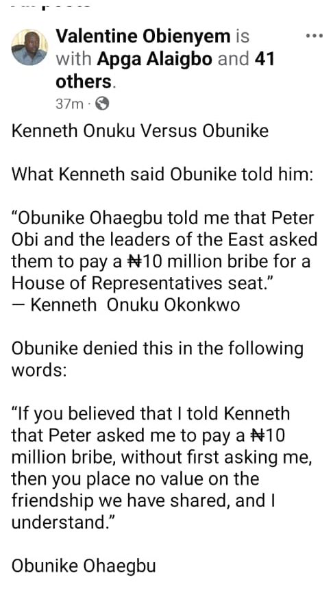 push_harder00's tweet photo. This is a Facebook post by Valentine Obienyem, SSA to Peter Obi, responding to Kenneth allegation that Obi demanded 10m bribe.

@realkenokonkwo has repeatedly contradicted himself on issues concerning Peter Obi, often speaking from both sides of his mouth. https://t.co/wn6nPDbFL5