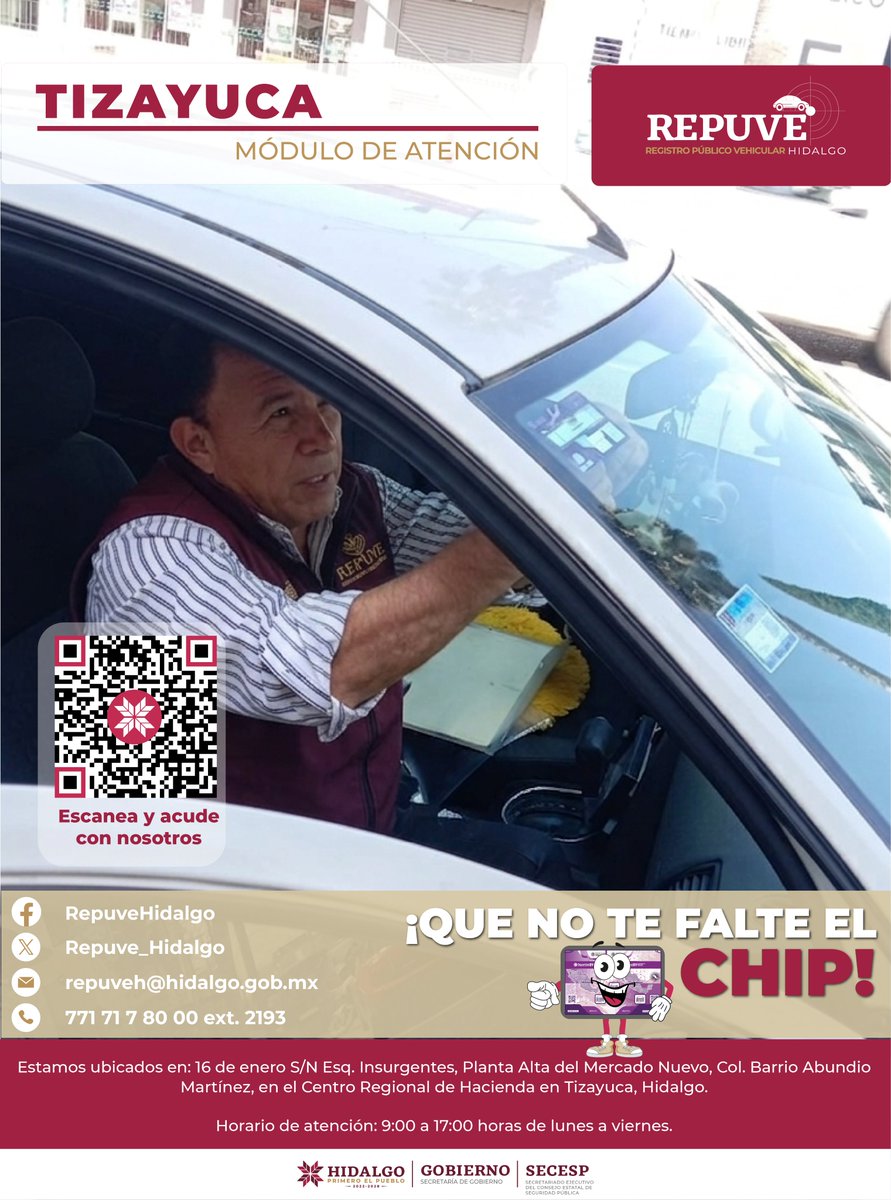 Repuve_Hidalgo's tweet photo. ⚠️ ¡Atención, #Tizayuca!

¿Aún no registras tu vehículo en el REPUVE?

🚗🚙 ¡No lo dejes pasar! El trámite es totalmente GRATUITO.

📌 Contribuye a la seguridad y protege tu patrimonio en beneficio de tu municipio.

#PrimeroElPueblo
#REPUVE
#PorLaPazYSeguridadDeHidalgo https://t.co/19lFMn3Jda
