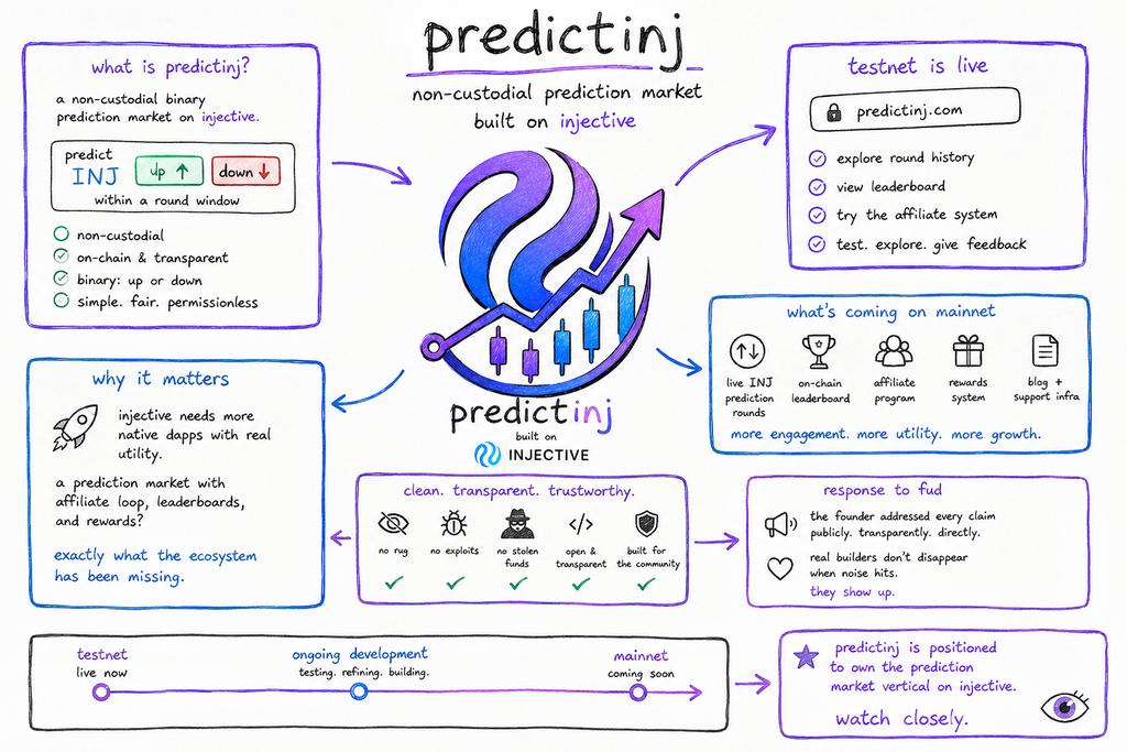 XPharmax's tweet photo. every ecosystem says it wants more builders until someone actually starts building.

that's pretty much what's happening with @predictinj right now.

for those who don't know yet, predictinj is a non-custodial binary prediction market being built on @injective. 

the idea is simple: predict whether $inj goes up or down within a specific round and let the blockchain handle the rest.

on here, there is no custody of the user's funds. it is just a transparent, on-chain prediction market designed specifically for the injective ecosystem.

the platform is already live on testnet at https://t.co/cXyI51WusZ, which means the team is currently focused on testing, refining mechanics, collecting feedback, and making sure everything works as intended before mainnet. 

users can:
> explore round history
> check out the leaderboard
> interact with the affiliate system 
> join daily $inj giveaway discord server 

when mainnet arrives, users will be able to participate in live inj prediction rounds, build a publicly verifiable track record through the on-chain leaderboard, earn through referrals via the affiliate program, and benefit from a rewards system designed to encourage consistent participation and community growth.

the support system on discord is also being built out including documentation, support channels, and educational content are all part of the long-term vision.

‌‌■■
all of the info above explains why the recent scam allegations make very little sense.

a few people rushed to label @predictinj a scam without presenting evidence of any exploit, rug pull, stolen funds, or malicious activity. the claims spread faster than the facts.

meanwhile @cryptophrex, the founder, has been doing exactly what builders should do by addressing concerns publicly, answering questions, and engaging with criticism directly instead of disappearing when pressure shows up.

that's what transparency looks like.

the reality is that injective needs more native applications that people actually use  & more products that create engagement, attract users, and expand what can be done within the ecosystem.

a non-custodial prediction market with an affiliate engine, public leaderboards, and community rewards isn't something injective has too much of.

it's something that has been missing and the prediction market sector on injective is still wide open.

with the mainnet coming soon, the noise will eventually fade and the product will remain.