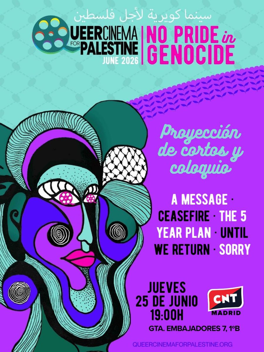 CNT_Madrid's tweet photo. 🏳️‍🌈🇵🇸 CNT Madrid se suma a más de 300 colectivos de todo el mundo como anfitriona de 'No Pride in genocide', programa del Festival Queer Cinema for Palestine. https://t.co/uEdXzkeWuI