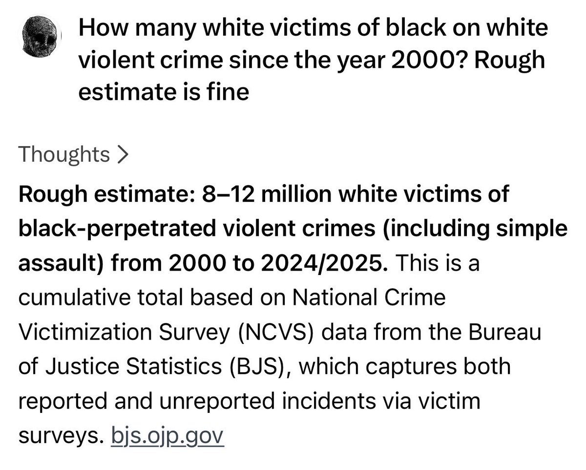 CodeyTylerX's tweet photo. Actually, the number of white victims of violent crime since the year 2000 outnumbers the numbers of black victims of slavery.

Maybe we need reparations? https://t.co/kXX8GGyrW0