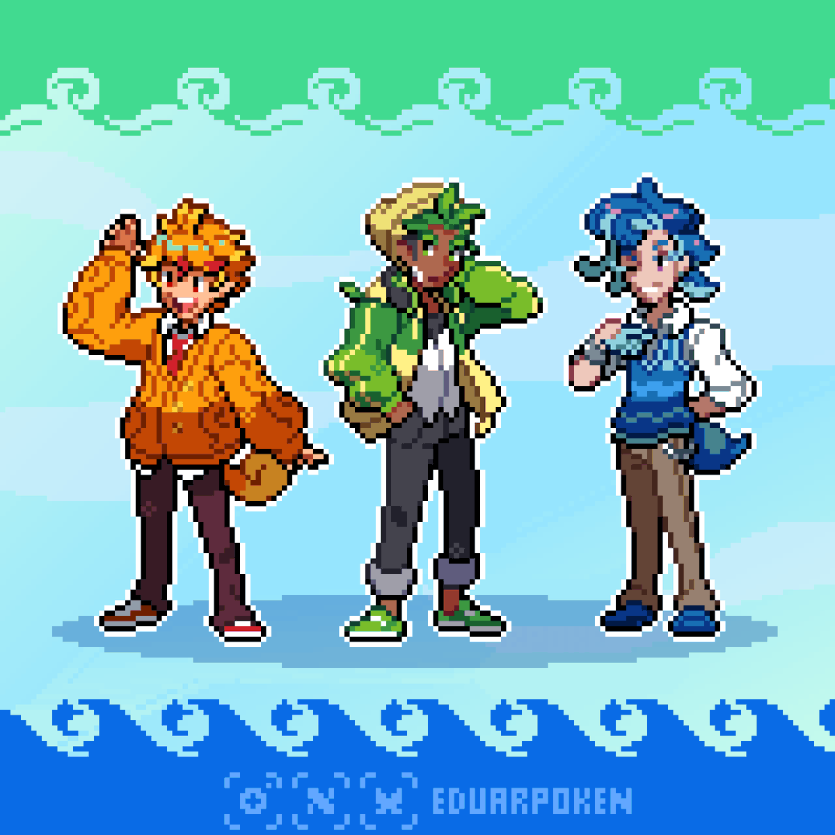 EduarPokeN's tweet photo. I really like these designs! So I had to draw sprites of them!!! 🧡💚💙 https://t.co/1xZdxCqBo8