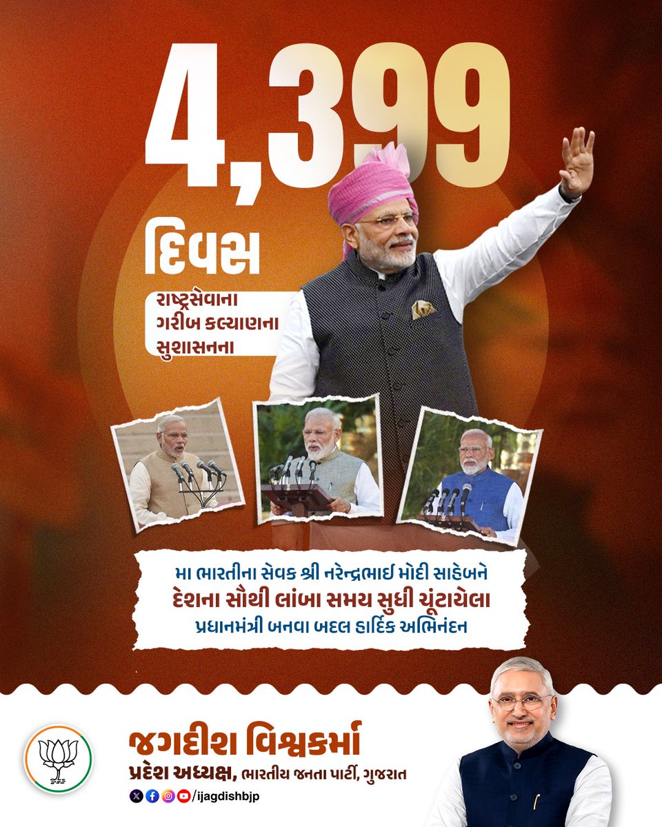 iJagdishBJP's tweet photo. 4,399 દિવસ - રાષ્ટ્રસેવા, ગરીબ કલ્યાણ અને સુશાસનના...

ભારતની સંસ્કૃતિ, સુરક્ષા અને સમૃદ્ધિને વૈશ્વિક ફલક પર નવી ઊંચાઈ આપનારા, મા ભારતીના પરમ ઉપાસક અને આપણા સૌના માર્ગદર્શક, યશસ્વી પ્રધાનમંત્રી શ્રી @narendramodi સાહેબને દેશના સૌથી લાંબા સમય સુધી ચૂંટાયેલા પ્રધાનમંત્રી બનવા બદલ હાર્દિક અભિનંદન.

4,399 દિવસોની આ ઐતિહાસિક સફર એ માત્ર સત્તાના દિવસો નથી, પરંતુ દેશના પ્રધાનમંત્રીથી લઈને વિશ્વના સૌથી લોકપ્રિય નેતા બનવા સુધીની આ યાત્રા ભારતીય લોકશાહીની તાકાત અને જનત��ના અતૂટ વિશ્વાસનું પ્રતીક છે.

આ ગૌરવશાળી અવસરે, ગુજરાત પ્રદેશ ભાજપ પરિવાર વતી હું આદરણીય મોદી સાહેબના દીર્ઘાયુ અને ઉત્તમ સ્વાસ્થ્યની ��ામના કરું છું.