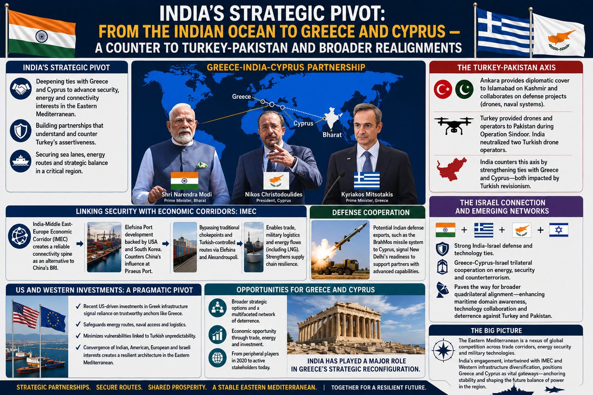 oulosP's tweet photo. India’s Strategic Pivot: From the Indian Ocean to Greece and Cyprus — A Counter to Turkey-Pakistan and Broader Realignments

India is actively expanding its footprint in the Eastern Mediterranean by deepening ties with Greece and Cyprus. This move is part of a broader geopolitical shift that extends beyond bilateral diplomacy, linking New Delhi’s security concerns with emerging Western infrastructure and energy strategies aimed at reducing dependence on unreliable actors — including Turkey.

Recent developments underscore this momentum. India and Cyprus have formalized a strategic partnership, including a 2026–2031 defense cooperation roadmap that covers maritime security, technology, and counterterrorism. India and Greece, meanwhile, have deepened naval and air cooperation. 

For New Delhi, the region is a critical extension of its interests in secure sea lanes, energy connectivity, and balancing adversarial partnerships.

India’s calculations take into account the Turkey-Pakistan axis. Ankara has long provided diplomatic cover for Islamabad on issues such as Kashmir while collaborating on defense projects, including drones and naval systems. This partnership has operational significance, as evidenced by Turkey’s unapologetic support for Pakistan during Operation Sindoor. 

In response, India is cultivating partners who share a clear understanding of Turkish assertiveness — Greece, which is resisting Turkey’s maximalist claims in the Aegean Sea, and Cyprus, which is affected by the enduring impacts of the 1974 Turkish invasion and division.

Linking Security with Economic Corridors

This outreach closely aligns with India’s investment in the India-Middle East-Europe Economic Corridor (IMEC). Projects such as the development of Greece’s Elefsina Port — backed by major trilateral investments involving the US and South Korea — are designed to create reliable, Western-aligned hubs. These efforts not only counter Chinese influence at ports like Piraeus but also position Greece as a key European terminus for IMEC, enhancing logistics, energy flows (including LNG), and supply chain resilience.

By bypassing traditional chokepoints and Turkish-controlled routes via infrastructure at Elefsina and Alexandroupoli, these initiatives create parallel networks for trade, military logistics, and energy. This complements India’s broader IMEC vision as a strategic alternative to China’s Belt and Road Initiative, with Greece and Cyprus serving as vital gateways linking Asian connectivity goals to European stability.

Discussions about potential Indian defense exports, such as the BrahMos missile system to Cyprus, add further weight. They signal New Delhi’s willingness to engage directly in the region with advanced capabilities and to support partners facing similar regional pressures.

The Israel Connection and Emerging Networks

Israel fits into this framework too. Strong India-Israel defense and technology ties, together with the established Greece-Cyprus-Israel trilateral cooperation on energy, security, and counterterrorism, pave the way for broader quadrilateral alignment. Such a grouping would enhance maritime domain awareness, technological collaboration, and deterrence against Turkey’s revisionist influences.

On the opposing side, the Turkey-Pakistan partnership underscores the value of these counterbalancing efforts. Turkey’s regional interventions and defense industry expansion stand in contrast to the more predictable partnerships forming around Greece.

Recent US-driven investments in Greek infrastructure signal a pragmatic pivot: prioritizing reliable anchors such as Greece to safeguard energy routes, naval access, and logistics while minimizing vulnerabilities linked to Turkish unpredictability. This convergence of Indian, American, European, and Israeli interests creates a more resilient architecture in the Eastern Mediterranean, in contrast to Turkey’s attempts to redraw maps.

Opportunities for Greece and Cyprus

For Greece and Cyprus, these developments offer an opportunity to broaden their strategic options. Strengthening ties with India builds a multifaceted network of deterrence and economic opportunity — one that moves beyond reactive postures.

The Eastern Mediterranean is becoming a nexus of global competition across trade corridors, energy security, and military technologies. 

India’s engagement, intertwined with initiatives such as IMEC and Western infrastructure diversification, positions Greece and Cyprus as active stakeholders rather than the peripheral players they have traditionally been, even as recently as 2020. And India has played a major role in Greece’s strategic reconfiguration.