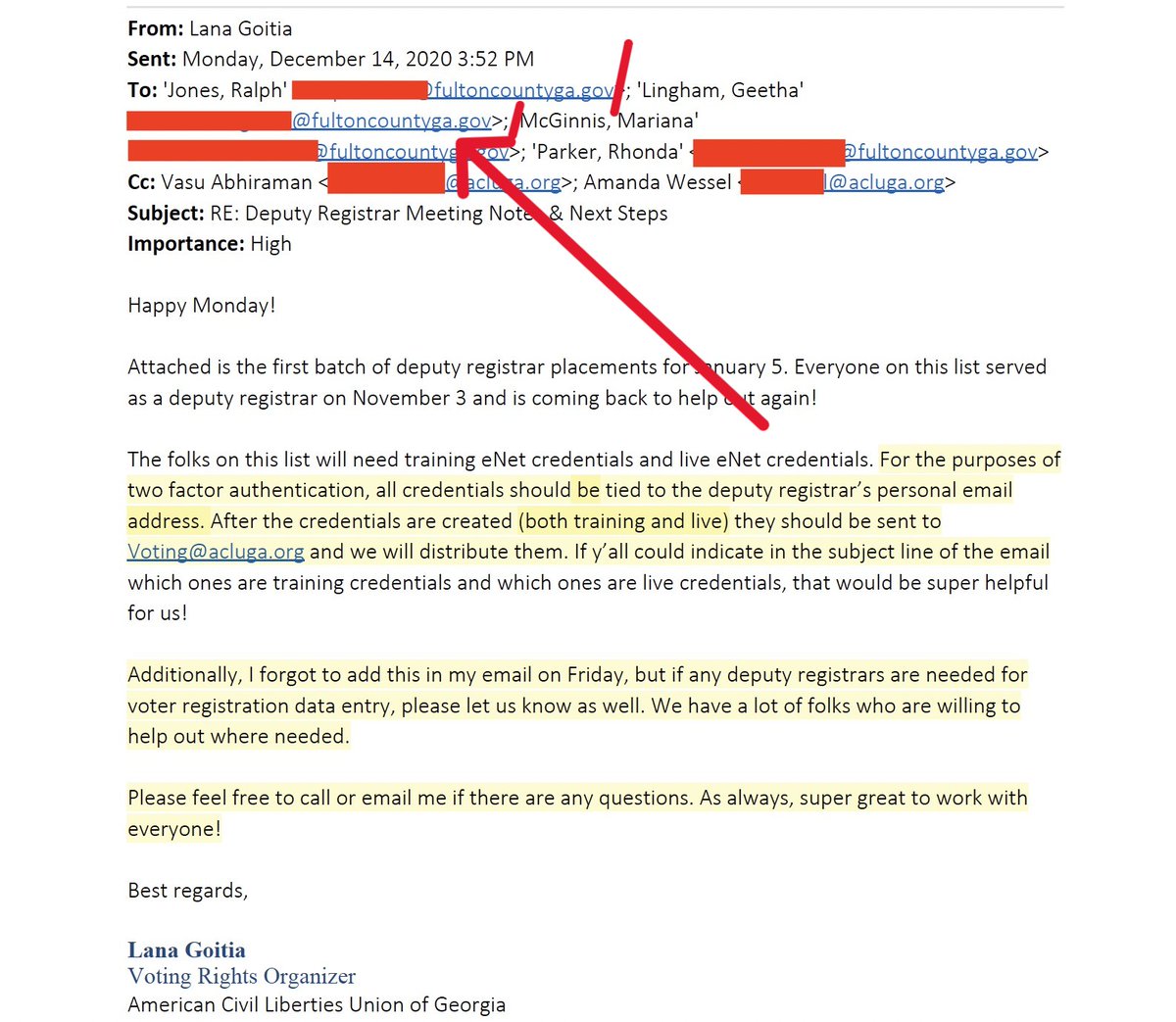 KevinMoncla's tweet photo. Fulton County's 2020 election was run by The Elections Group without authorization.  The Elections Group was contracted by CTCL. Here is The Elections Group's Geetha Lingham requesting credentials for the ACLU clerks posted at each polling location.  Geetha was NOT a Fulton County employee, contractor, or otherwise, but was given a Fulton County .gov email address for the purposes of accessing the voter registration database (PII).  IMHO she was impersonating an employee.

Geetha, a former Chicago Illinois elections staffer, worked for CTCL.