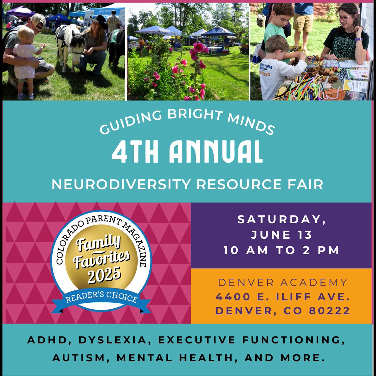 denveracademy's tweet photo. This Saturday, 6/13, DA will host the 2026 Guiding Bright Minds Neurodiversity Resource Fair, a free, family-friendly event on the DA campus that connects neurodivergent people of all ages with trusted resources. Learn more here: https://t.co/pLhxtLdwaz
#damustangs https://t.co/kcZ5f7r0xG