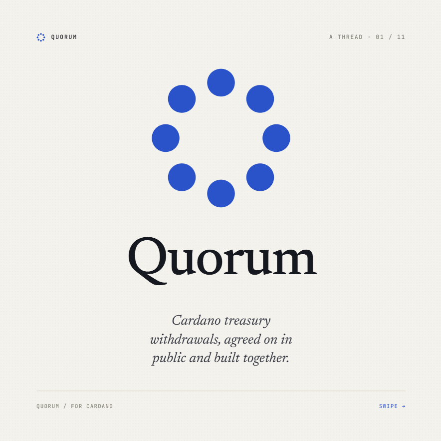bajuzki's tweet photo. Good ideas shouldn’t die.

I’m building Quorum: an off-chain public record for Cardano treasury withdrawal ideas before they become on-chain proposals.

Why does this need to exist?

Over the last few weeks/months, I’ve seen the same pattern repeat: teams draft proposals in isolation, then show up asking for votes, funding, and support.