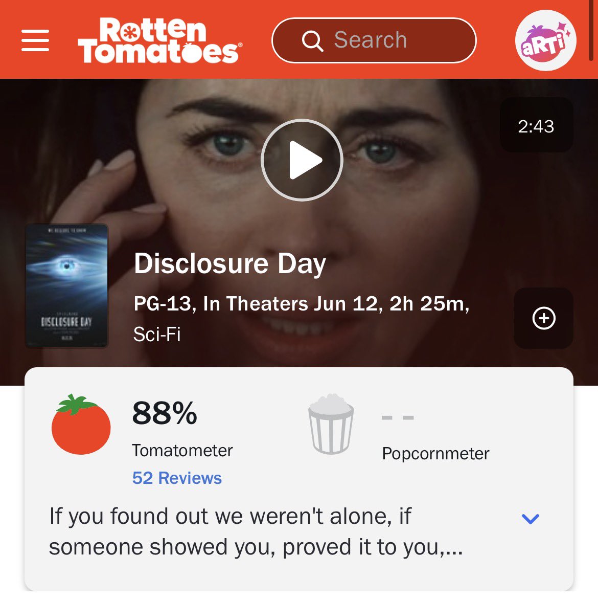 FilmUpdates's tweet photo. Steven Spielberg’s ‘DISCLOSURE DAY’ debuts with 88% on Rotten Tomatoes.

In theaters June 12. https://t.co/Pcd6rlk9ol