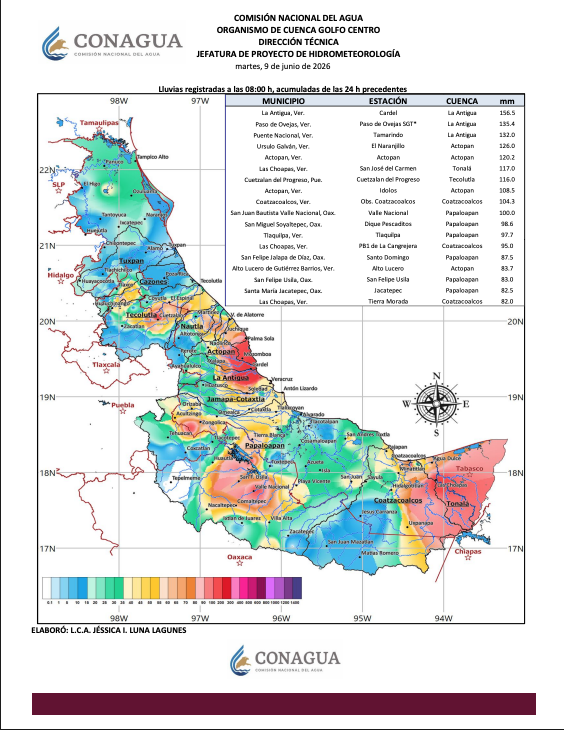 ConaguaOCGCtro's tweet photo. 🌧️ Registro de lluvias acumuladas  

Compartimos el registro de lluvias acumuladas durante las últimas 24 horas en la región Golfo Centro. Se mantendrá la vigilancia sobre los niveles de los ríos y las condiciones meteorológicas en la región.     

⚠️Consulta fuentes oficiales https://t.co/G2HTMqaB9s